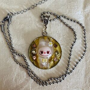 Handmade Kawaii “Labubu” Bunny Pendant Necklace with Ball Chain/Extender Yellow